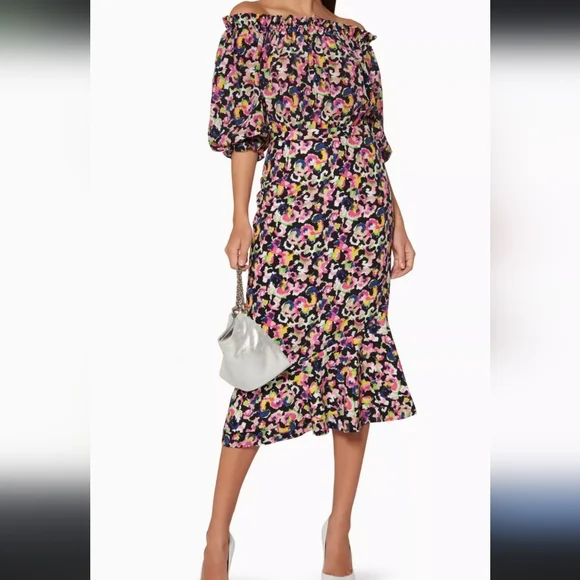 Saloni Multi-Colour Grace Dress Off-Shoulder Midi Dress Size 2 - Picture 3 of 14